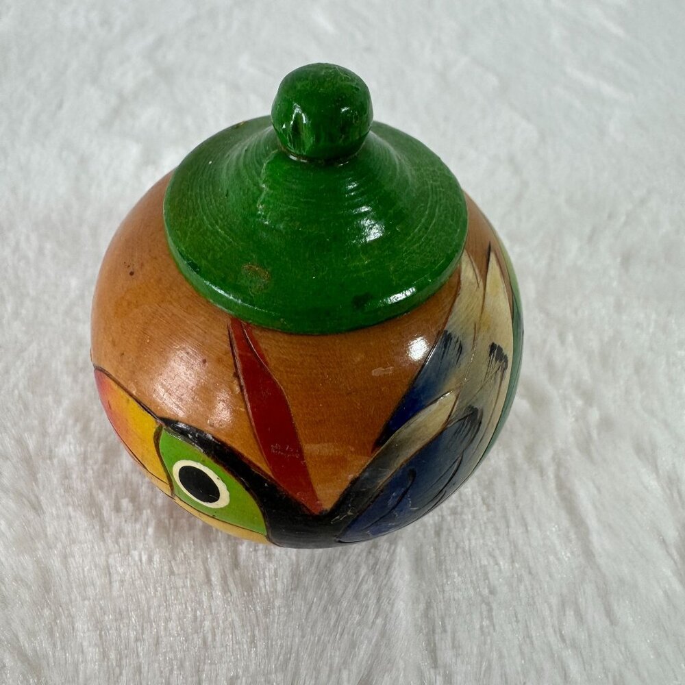 Handmade Wooden Trinket Jar With Lid Folk Art Colorful Parrot Toucan Bird Design - Picture 2 of 7